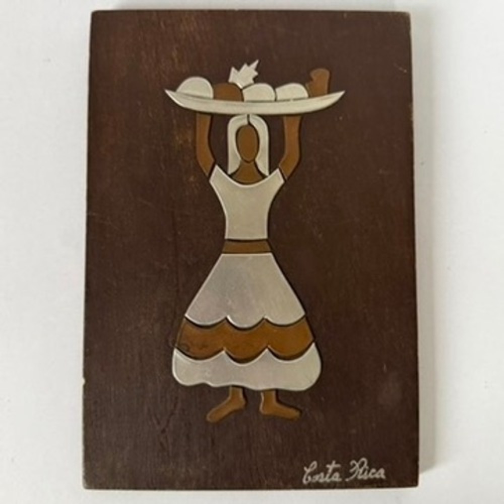 Vintage Costa Rica Mixed Metal Inlay Wood Wall Plaque Souvenir Folk Art Woman